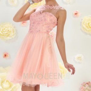 MayQueen - Blush Dama/XV Dress with Floral Embroidery and a Rhinestone Sequin